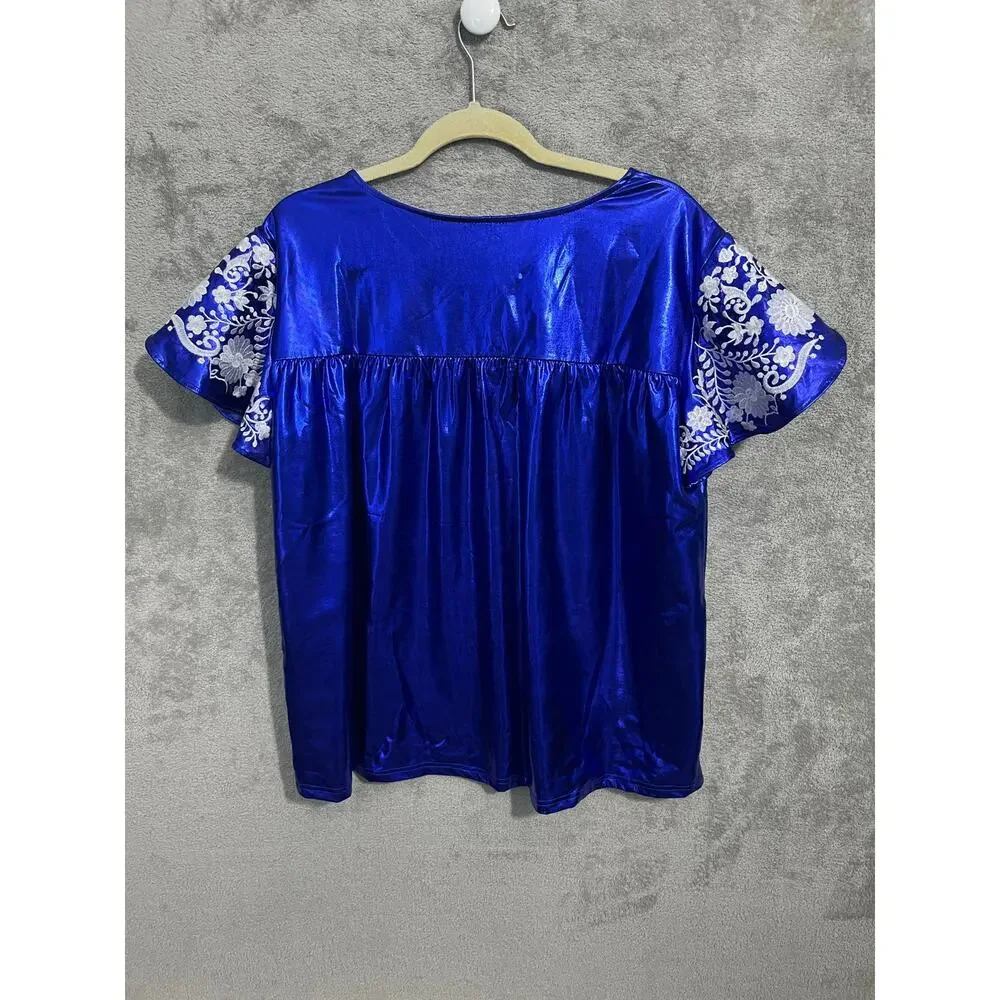 Layerz Maher Blouse Large Blue Metallic Satin Mexican Style Embroidery Boho NWT - Picture 4 of 7